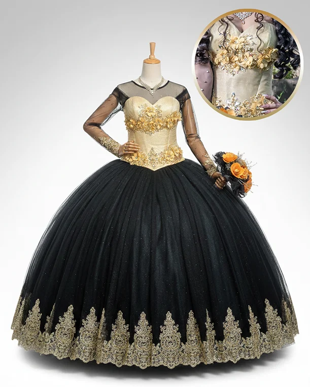 quinceañera con vestido dorado renta de vestidos